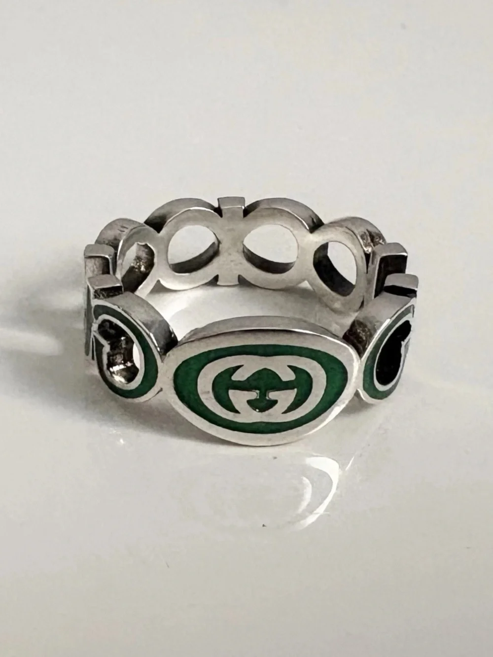 $360 GUCCI 925 Sterling Silver Green GG Chainlink Reversible Ring US 8.75 IT 19